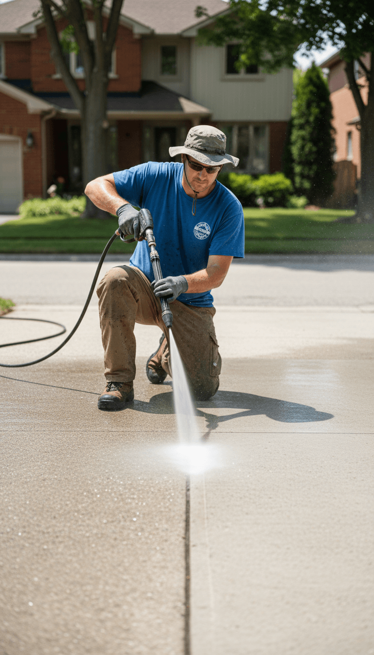 Pressure washing technician cleaning a concrete driveway
