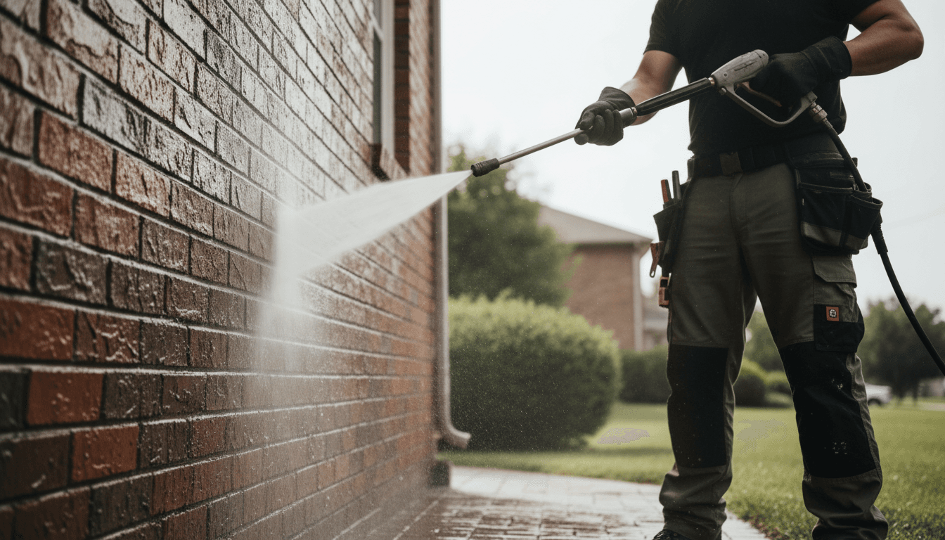 Technician using a surface cleaner on a paver walkway