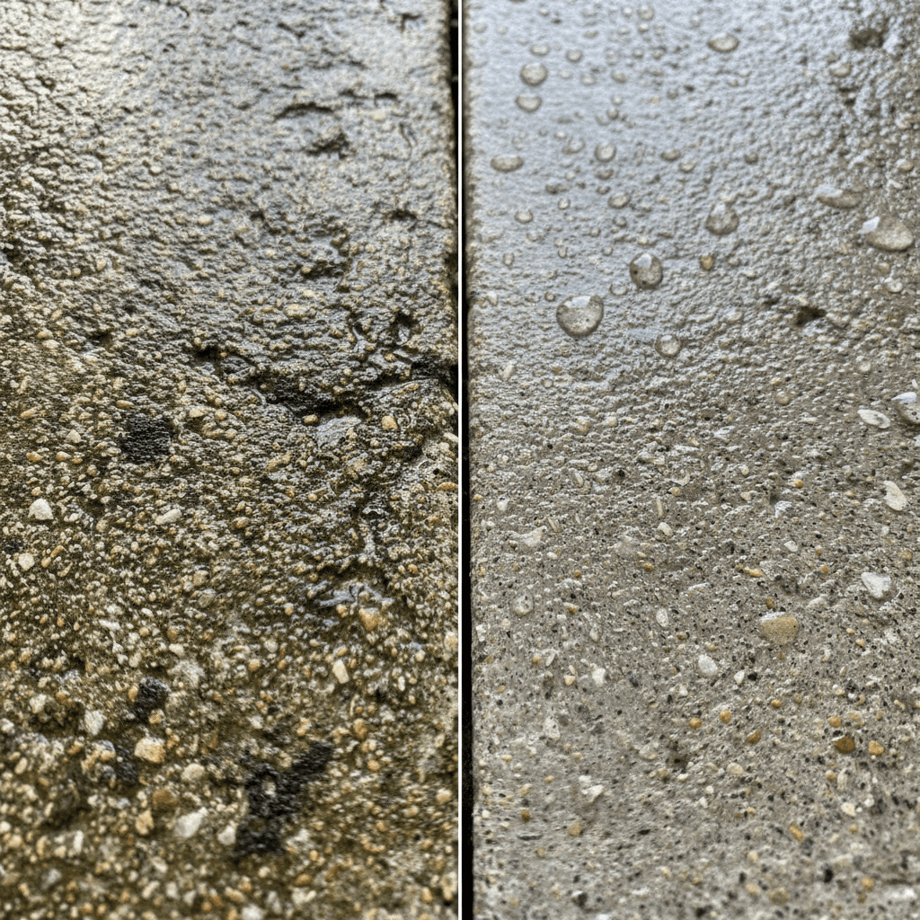 Concrete patio detail showing grime being blasted away under high pressure